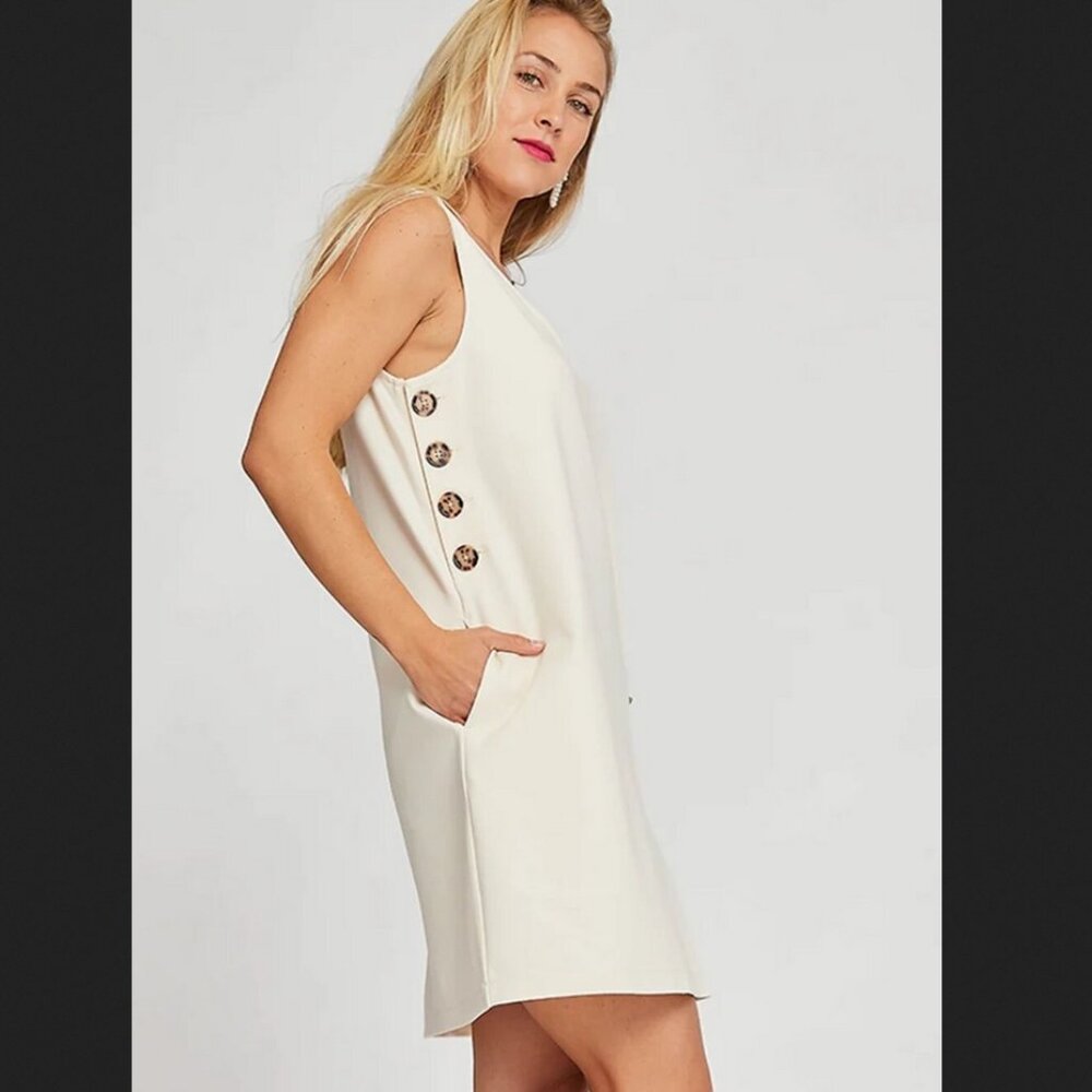Betabrand Medium Cream Admiral Button Shift Dress Coastal Summer Vacation NEW